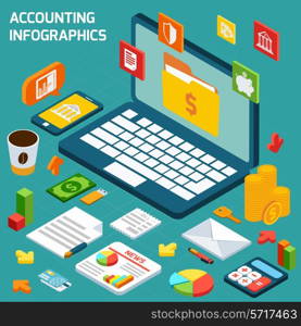 Accounting isometric infographics set with notebook and finance payment and tax elements vector illustration