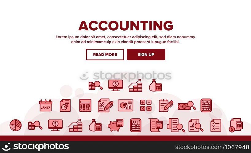 Accounting Landing Web Page Header Banner Template Vector. Magnifier With Money Bank Note And Report Or Register List, Coin On Monitor Accounting Illustration. Accounting Landing Header Vector