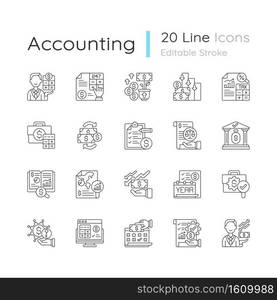 Accounting linear icons set. Business controlling methods. Accounting software for your company. Customizable thin line contour symbols. Isolated vector outline illustrations. Editable stroke. Accounting linear icons set