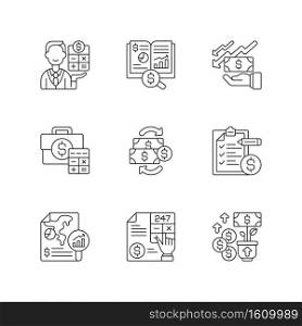 Accounting linear icons set. Company financial transactions management during specific period of time. Customizable thin line contour symbols. Isolated vector outline illustrations. Editable stroke. Accounting linear icons set