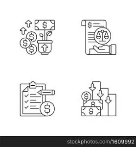 Accounting linear icons set. Increasing cash assets of your business. Mananging bank account of company. Customizable thin line contour symbols. Isolated vector outline illustrations. Editable stroke. Accounting linear icons set