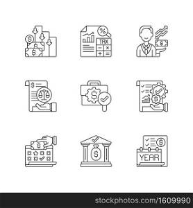 Accounting linear icons set. Making financial report during financial period. Controlling cash flow. Customizable thin line contour symbols. Isolated vector outline illustrations. Editable stroke. Accounting linear icons set