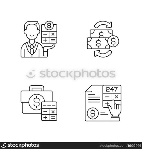 Accounting linear icons set. Person who is recording and viewing all company financial transactions. Customizable thin line contour symbols. Isolated vector outline illustrations. Editable stroke. Accounting linear icons set