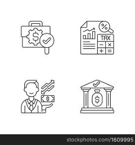Accounting linear icons set. Tax accounting of business. Place to store all company financial assets. Customizable thin line contour symbols. Isolated vector outline illustrations. Editable stroke. Accounting linear icons set
