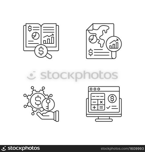 Accounting linear icons set. Turnkey finance functions of company. Methods of control business budget. Customizable thin line contour symbols. Isolated vector outline illustrations. Editable stroke. Accounting linear icons set