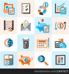 Accounting money finance banking budget investment icons set isolated vector illustration.