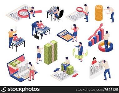 Accounting process isometric set with financial documents analyzing reporting tax collection control magnifier banknotes symbols vector illustration