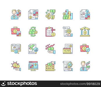 Accounting RGB color icons set. Business controlling methods. Accounting software for your company. Tax accounting process. Isolated vector illustrations. Accounting RGB color icons set