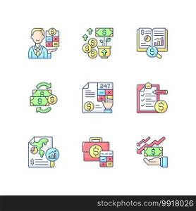 Accounting RGB color icons set. Company and business financial transactions management during specific period of time. Isolated vector illustrations. Accounting RGB color icons set