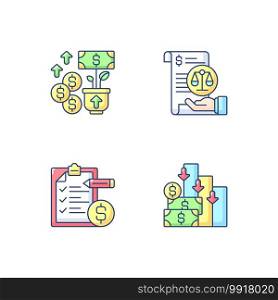 Accounting RGB color icons set. Increasing cash assets of your business. Mananging bank account of company. Cash flow view. Isolated vector illustrations. Accounting RGB color icons set