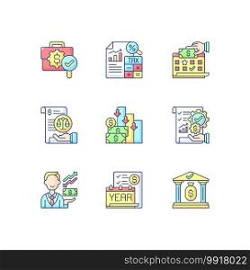 Accounting RGB color icons set. Making financial report during financial period. Controlling cash flow in company. Isolated vector illustrations. Accounting RGB color icons set
