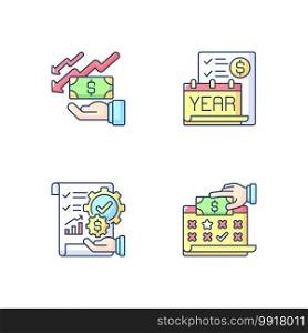 Accounting RGB color icons set. Mananging business bank accounts. Financial plan for company. Paying employees money for their work. Isolated vector illustrations. Accounting RGB color icons set