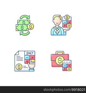 Accounting RGB color icons set. Person who is recording and viewing all company financial transactions and money flow. Isolated vector illustrations. Accounting RGB color icons set