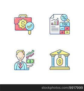 Accounting RGB color icons set. Tax accounting of business. Place to store all company financial assets. Controlling every process. Isolated vector illustrations. Accounting RGB color icons set