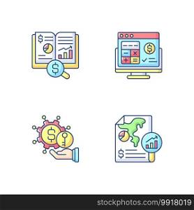 Accounting RGB color icons set. Turnkey finance functions of company. Financial methods of controlling business budget. Isolated vector illustrations. Accounting RGB color icons set
