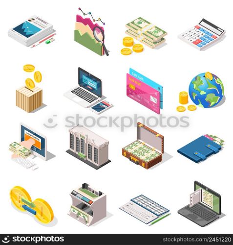 Accounting set of isometric icons with bank, loan online, money counter, analysis, planning, checkbook isolated vector illustration. Accounting Isometric Icons Set