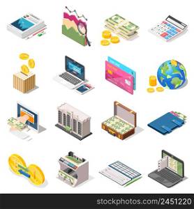 Accounting set of isometric icons with bank, loan online, money counter, analysis, planning, checkbook isolated vector illustration. Accounting Isometric Icons Set