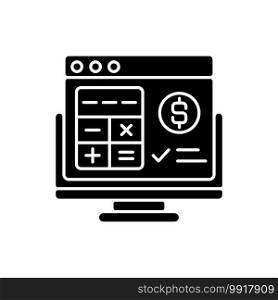 Accounting software black glyph icon. Application software that records and processes accounting transactions within functional modules. Silhouette symbol on white space. Vector isolated illustration. Accounting software black glyph icon