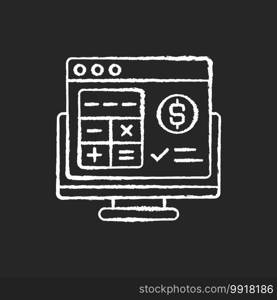 Accounting software chalk white icon on black background. Application software that records and processes accounting transactions within functional modules. Isolated vector chalkboard illustration. Accounting software chalk white icon on black background