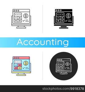 Accounting software icon. Application software that records and processes accounting transactions within functional modules. Linear black and RGB color styles. Isolated vector illustrations. Accounting software icon