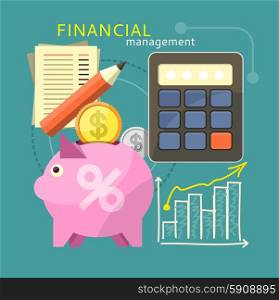 Accounting with digitial caculator. Financial management concept with item icons graph, pig, calculator, document page in flat design