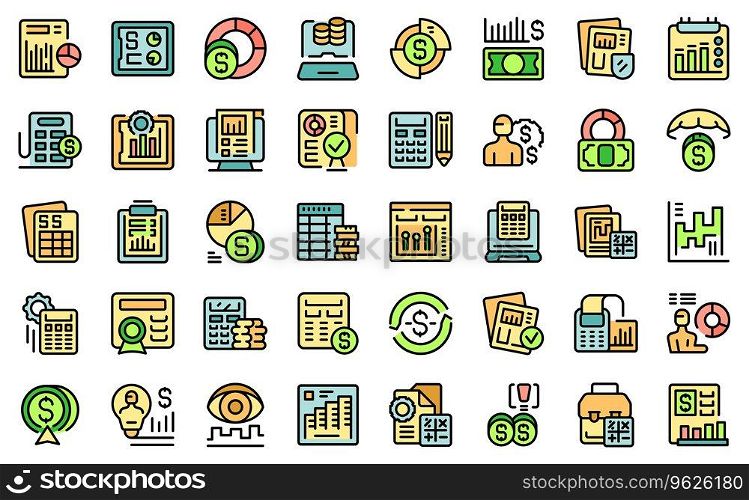Accounts manager icons set outline vector. Financial money. Control account thin line color flat on white isolated. Accounts manager icons set vector line color