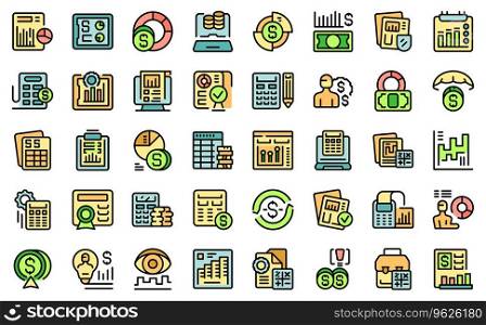 Accounts manager icons set outline vector. Financial money. Control account thin line color flat on white isolated. Accounts manager icons set vector line color