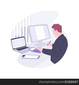 Accounts manager isolated cartoon vector illustrations. Manager working with ledger accounts and financial statements using computer, business people, stock market analysis vector cartoon.. Accounts manager isolated cartoon vector illustrations.