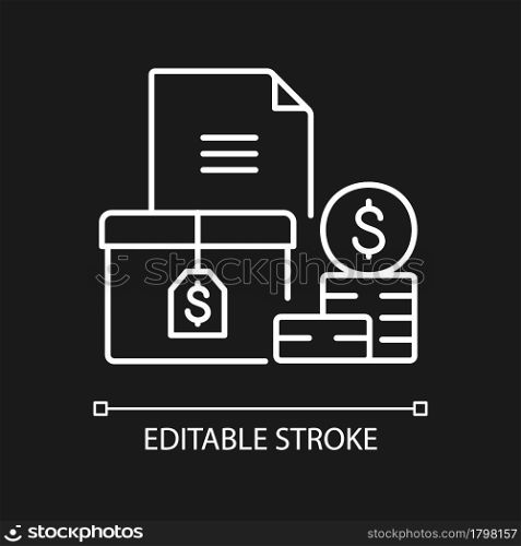 Accounts receivable white linear icon for dark theme. The balance of money due. Payment terms. Thin line customizable illustration. Isolated vector contour symbol for night mode. Editable stroke. Accounts receivable white linear icon for dark theme