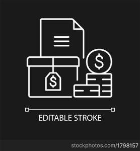 Accounts receivable white linear icon for dark theme. The balance of money due. Payment terms. Thin line customizable illustration. Isolated vector contour symbol for night mode. Editable stroke. Accounts receivable white linear icon for dark theme