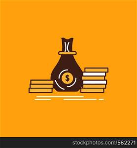 Accumulation, bag, investment, loan, money Flat Line Filled Icon. Beautiful Logo button over yellow background for UI and UX, website or mobile application. Vector EPS10 Abstract Template background