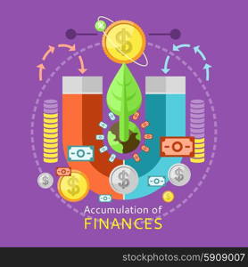 Accumulation of finances concept of a magnet attracting golden coins from one side to the other. Concept in flat design . Accumulation of Finances Concept