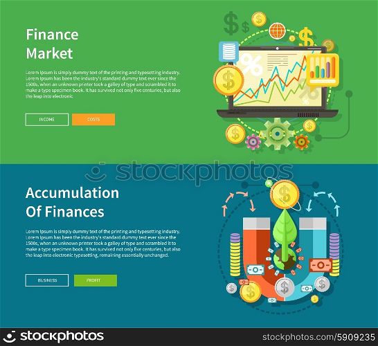 Accumulation of finances concept of a magnet attracting golden coins from one side to the other. Financial diagram on a laptop monitor. News from finance market. Concept in flat design style. Finance Market and Accumulation of Finances