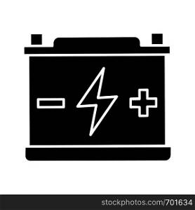 Accumulator glyph icon. Automotive battery. Silhouette symbol. Power supply. Energy accumulation. Lead acid battery. Negative space. Vector isolated illustration. Accumulator glyph icon