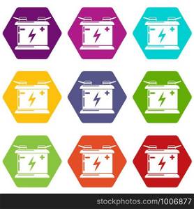 Accumulator icons 9 set coloful isolated on white for web. Accumulator icons set 9 vector