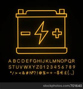 Accumulator neon light icon. Automotive battery. Glowing sign with alphabet, numbers and symbols. Power supply. Energy accumulation. Lead acid battery. Vector isolated illustration. Accumulator neon light icon