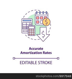 Accurate amortization rates concept icon. Asset management benefit idea thin line illustration. Expensing cost process. Calculation. Vector isolated outline RGB color drawing. Editable stroke. Accurate amortization rates concept icon