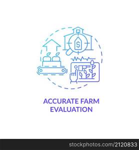 Accurate farm evaluation blue gradient concept icon. Production analysis abstract idea thin line illustration. Farm management. Isolated outline drawing. Roboto-Medium, Myriad Pro-Bold fonts used. Accurate farm evaluation blue gradient concept icon