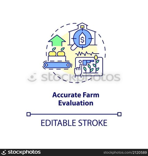 Accurate farm evaluation concept icon. Production analysis abstract idea thin line illustration. Smart farming. Isolated outline drawing. Editable stroke. Roboto-Medium, Myriad Pro-Bold fonts used. Accurate farm evaluation concept icon