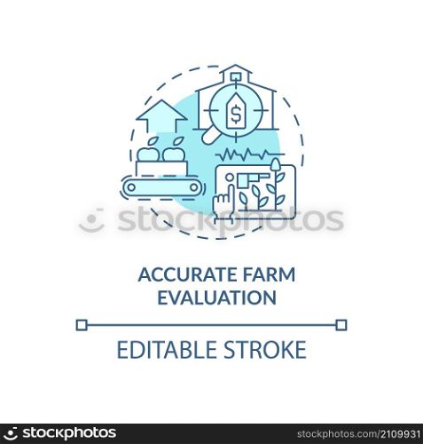 Accurate farm evaluation turquoise concept icon. Proper tracking production abstract idea thin line illustration. Isolated outline drawing. Editable stroke. Roboto-Medium, Myriad Pro-Bold fonts used. Accurate farm evaluation turquoise concept icon