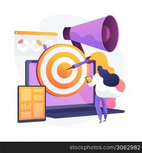 Accurate marketing strategy. Content creation and distribution, target audience identification, brand promotion. SMM expert analyses user behaviour stats. Vector isolated concept metaphor illustration. Content marketing vector concept metaphor