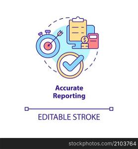 Accurate reporting concept icon. Business tool advantage abstract idea thin line illustration. Right data. Isolated outline drawing. Editable stroke. Roboto-Medium, Myriad Pro-Bold fonts used. Accurate reporting concept icon