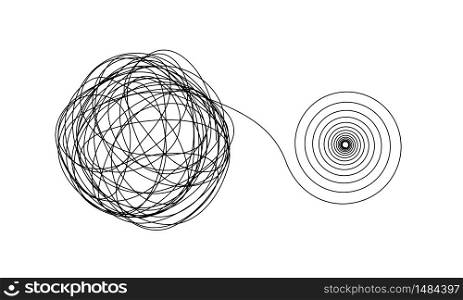 Accurate spiral flow from chaotic ravel of thin black lines isolated on white. Accurate spiral flow from chaotic ravel of thin black lines on white
