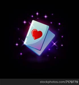 Ace of hearts, red heart suit card, ace, slot icon for online casino or logo for mobile game winning combination, poker hand on dark purple background, vector illustration. Ace of hearts, red heart suit card, ace, slot icon for online casino or logo for mobile game winning combination, poker hand on dark purple background, vector illustration.