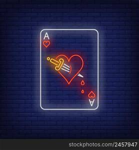 Ace of hearts with dagger playing card neon sign. Gambling, poker, casino, game design. Night bright neon sign, colorful billboard, light banner. Vector illustration in neon style.