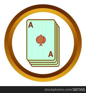 Ace of spades, playing cards vector icon in golden circle, cartoon style isolated on white background. Ace of spades, playing cards vector icon