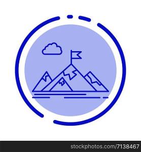 Achievement, Aim, Business, Goal, Mission, Mountains, Target Blue Dotted Line Line Icon