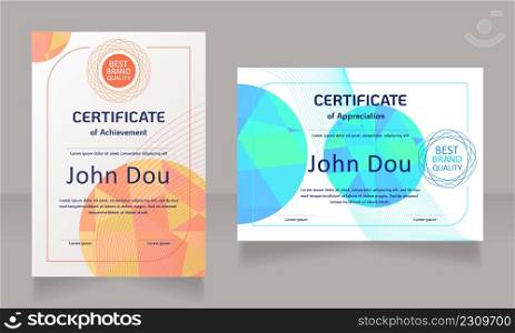 Achievement and appreciation certificate design template set. Vector diploma with customized copyspace and borders. Printable document for awards and recognition. KoHo, Calibri Regular fonts used. Achievement and appreciation certificate design template set