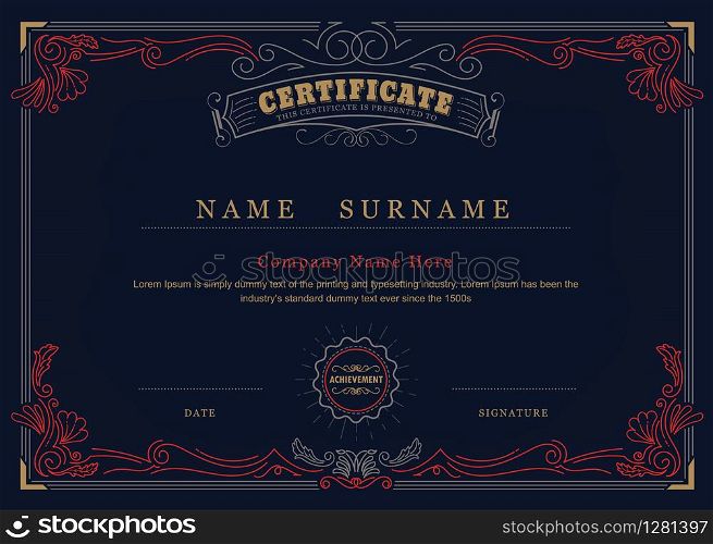 Achievement certificate antique frame elegant flourishes border vector template