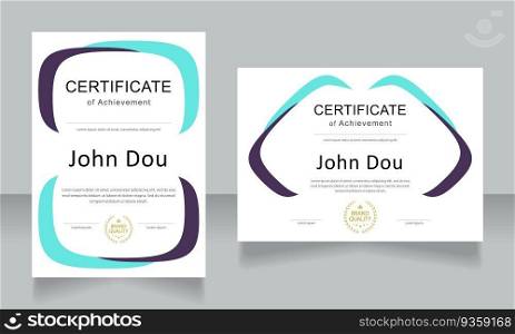 Achievement certificate design templates set. Vector diploma with customized copyspace and borders. Printable document for awards and recognition. Calibri Regular, Arial, Myriad Pro fonts used. Achievement certificate design templates set